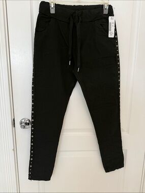 MADE IN ITALY Black Drawstring Joggers with Side Stud Detail